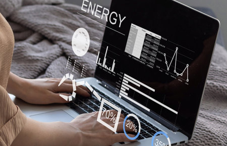 virtual screen with energy percentages hologram, virtual screen icons and global connection. Concept...