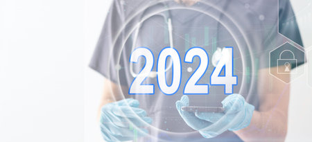 2024 grey transparent button on gray virtual touchscreen interface. New year resolutions planning...