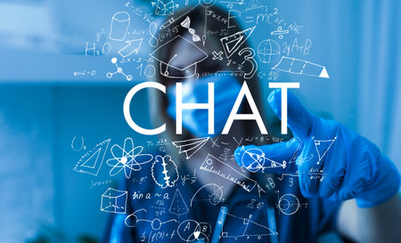 Virtual creative artificial Intelligence hologram with formulas. Multiexposureの写真素材