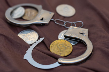 Bitcoins and handcuffs as an abstract symbol of crime that can hide a crypto currency.