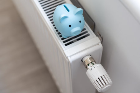 Piggy bank on modern heating radiatorの写真素材