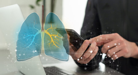 Creative image of medical worker with glowing interface of lungs and virus on blurry background....