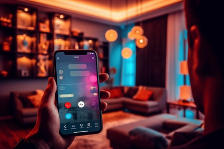Young woman controlling home light with a digital tablet in the living room. Concept of a smart home and light control with mobile devices Generative AIの素材