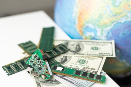 Computer circuit cpu chip mainboard core processor electronics device : concept of data, hardware, technician and technology.の写真素材