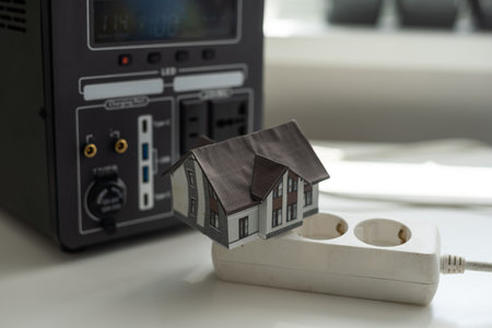 Portable power station charging devices on floor in living room Homeの写真素材