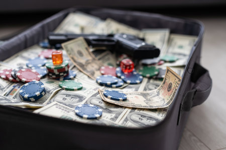 Suitcase with pile of dollars. Opened silver case with money. Better to have bank account. Part of city budget.の写真素材