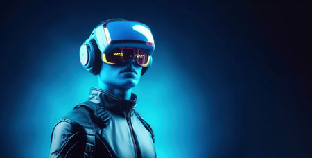 A realistic portrait of a man in neon light wearing a cyberpunk headset and cyberpunk gear. A high-tech futuristic man from the future. The concept of virtual reality and cyberpunk. Generative AIの素材