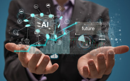 Businessman touching the brain working of Artificial Intelligence (AI) Automation, Predictive...