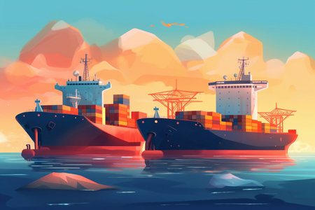 Logistics and transportation of International Container Cargo ship and cargo plane in the ocean at twilight sky, Freight Transportation, Shipping Generative AIの素材
