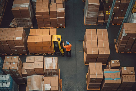 A worker in a warehouse uses a hand pallet stacker to transport pallets. Generative AIの素材