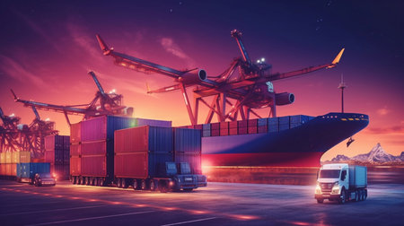 Global business logistics transport import export and International trade concept, Logistic distribution of containers cargo freight ship, train, truck, airplane, Transportation industry Generative AIの素材