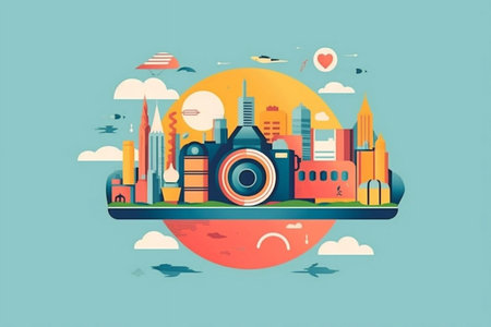 World Photography Day. Happy World Photography Day Camera Design, World Map, August 19 map pin background. Photography. Generative AIの素材