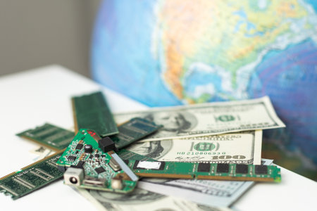 World globe and microprocessors againstの写真素材