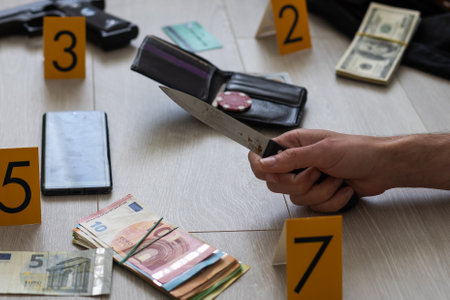 High contrast image of a bloody crime scene with a dead body and gun on the floorの写真素材