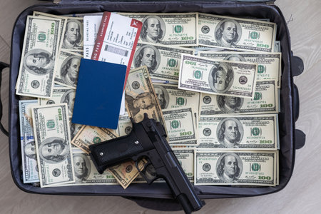 Open suitcase with one million dollars bills stacksの写真素材