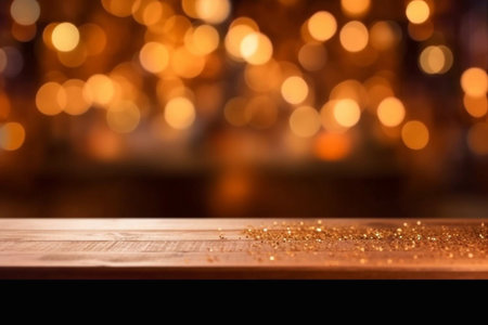 rustic wooden table in front of glitter black and gold bokeh lights Generative AIの素材