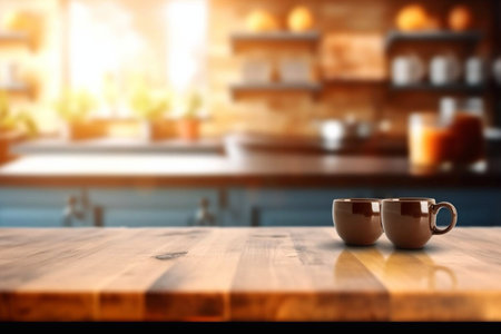 Wooden board empty table in front of blurred background. Perspective brown wood over blur in coffee shop - can be used for display or montage your products.Mock up for display of product. Generative AIの素材