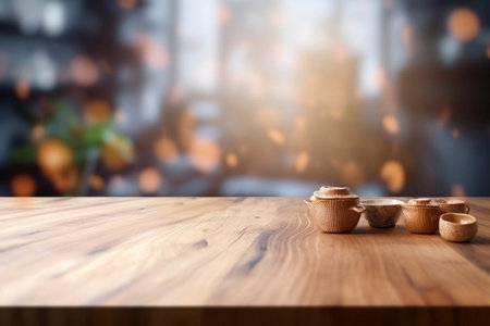 Wooden board empty table in front of blurred background. Perspective brown wood over blur in coffee shop - can be used for display or montage your products.Mock up for display of product. Generative AIの素材