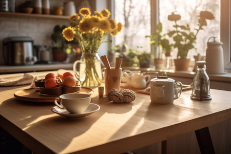 vegetable salad in glass bowl, fresh fruits and vegetables on kitchen table Generative AIの素材
