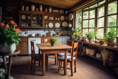 Interior of kitchen with glowing Christmas trees, dining table and counters Generative AIの素材