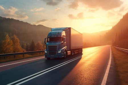 Big blue truck driving fast with a white trailer with blank space for text on a countryside road with other cars against a blue sky with a sunset Generative AIの素材