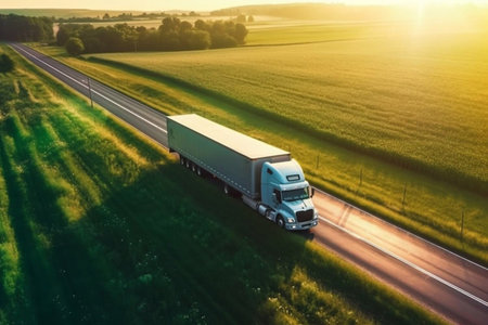 Big blue truck driving fast with a white trailer with blank space for text on a countryside road with other cars against a blue sky with a sunset Generative AIの素材