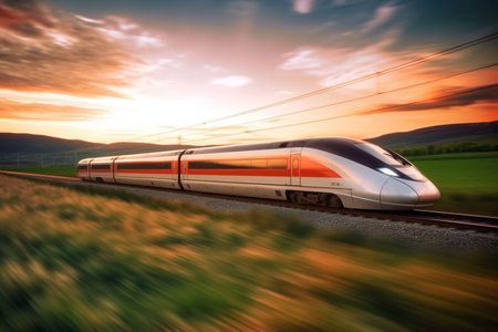 High speed yellow train in motion on the railway station at sunset. Modern intercity passenger train with motion blur effect on the railway platform. Industrial. Railroad and blurred background Generative AIの素材
