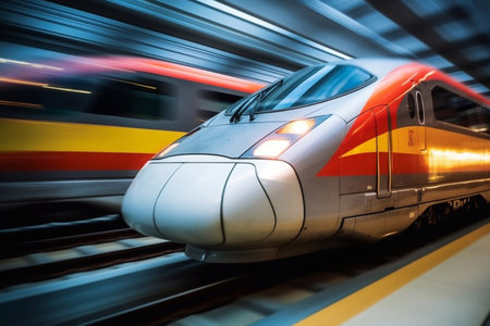 High speed yellow train in motion on the railway station at sunset. Modern intercity passenger train with motion blur effect on the railway platform. Industrial. Railroad and blurred background Generative AIの素材