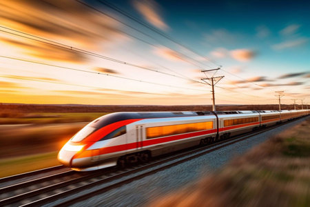 High-speed train rides supersonic with a hot burning nose front. Generative AIの素材