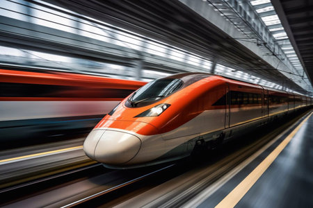 High-speed train rides supersonic with a hot burning nose front. Generative AIの素材