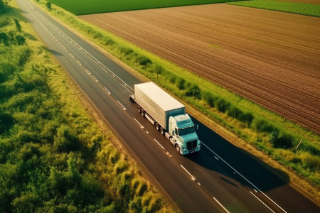 Trucker by logistics company Semi Trailer truck delivering cargo to a customer or supplier. Truck with semi-trailer driving on highway. Transport logistics. Generative AIの素材