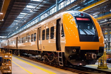 High speed yellow train in motion on the railway station at sunset. Modern intercity passenger train with motion blur effect on the railway platform. Industrial. Railroad and blurred background Generative AIの素材