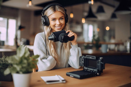 Woman recording a podcast on her laptop computer with headphones and a microscope. Female podcaster making audio podcast from her home studio. Generative AIの素材