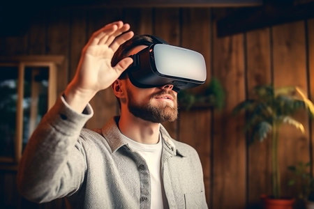 Young man using virtual reality headset at home Generative AIの素材