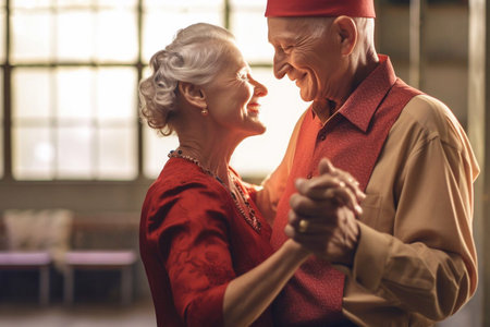 Carefree happy active old senior couple dancing jumping laughing in living room, cheerful retired elder husband holding hand of mature middle aged wife enjoy fun Generative AIの素材