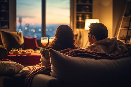 Romantic young couple relaxing at home and drinking red wine Generative AIの素材