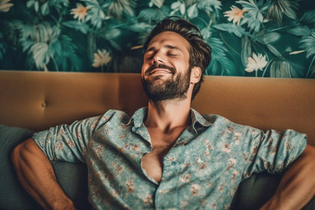 Cheerful attractive millennial african american male with beard sitting on couch and look at empty space in minimalist living room interior. Rest at home, break. Generative AIの素材
