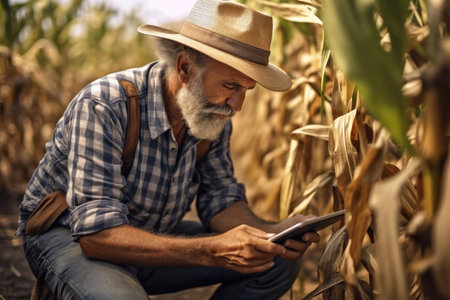 Farmer checking crop in a soybean field and making a notes. Agricultural concept Generative AIの素材