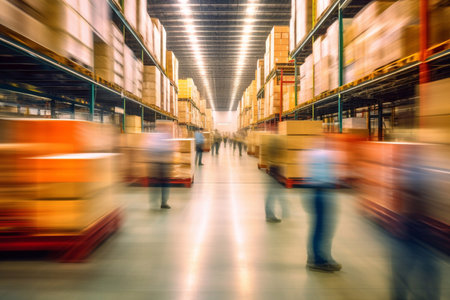 Blurred image of warehouse employees in action moving Generative AIの素材