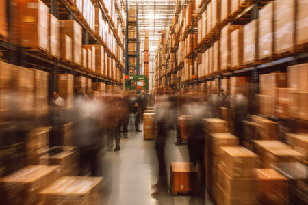 Blurred image of warehouse employees in action moving Generative AIの素材