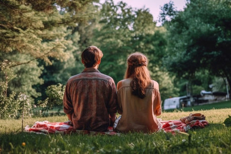 Lovely couple having picnic on plaid in summer park, back view Generative AIの素材