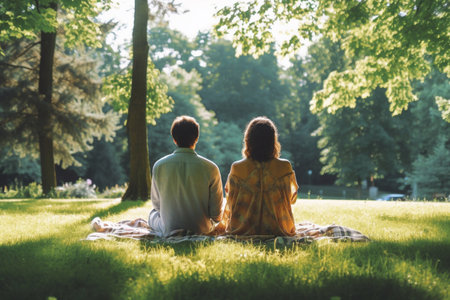 Lovely couple having picnic on plaid in summer park, back view Generative AIの素材