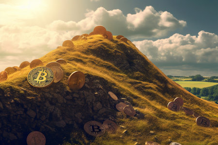 Golden Bitcoin On the Moutain. Business concept. Generative AIの素材