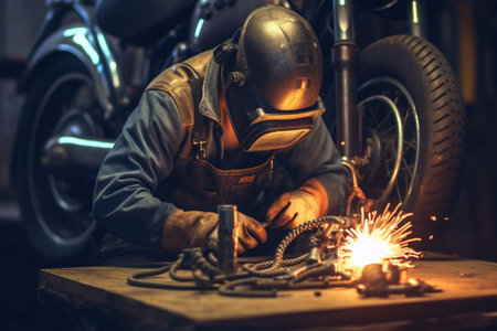 Welder on steel structure in factory Generative AIの素材