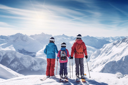 Family ski vacation. Group of young skiers in the Alps mountains. Mother and children skiing in winter. Parents teach kids alpine downhill skiing. Ski gear and eye wear, safe helmets. Generative AIの素材