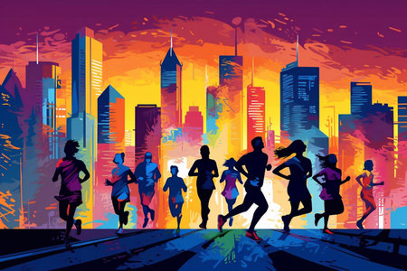 colorful silhouettes of people running in the cityの素材