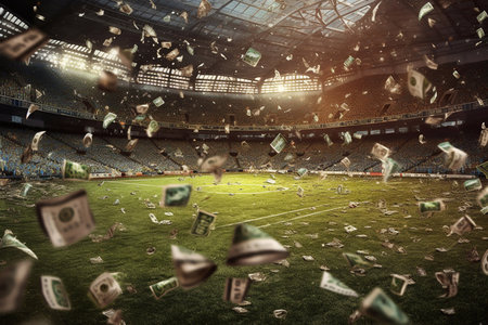 Illuminated soccer stadium and falling banknotes of bettors Generative AIの素材