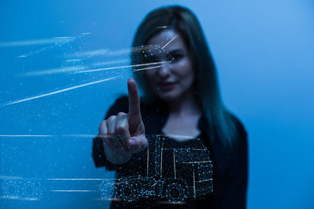 Jet Engine Augmented Reality Hologramm. Specialists Work in Technological Plane Development Facility.の写真素材