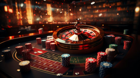 Casino, gambling and entertainment concept - roulette table and stack of poker chips Generative AIの素材