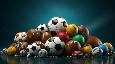 Set of different sport balls on green grass. Space for text Generative AIの素材